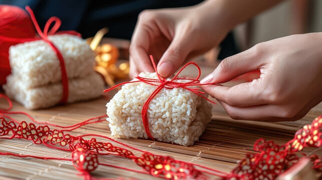Chinese new year sticky rice food concept. Close-up of hands tying sticky rice parcels with red string, traditional craftsmanship for Chinese New Year