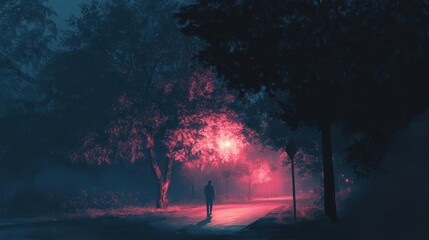 Fototapeta premium Night Stroll, Pink Mist, Silhouette, Trees