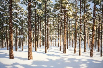 Fototapeta premium Sunlit pine trees stand tall in a snowy forest, casting long shadows on the pristine white ground.
