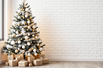 Holiday tree decorated with golden and white ornaments, glowing lights, and gifts on a wooden floor, set against a white brick wall, festive concept, Ai generative