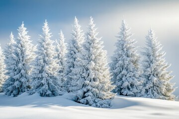 Fototapeta premium Snow-covered fir trees stand majestically in a winter wonderland under a bright blue sky.