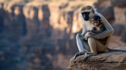 Obraz premium Mother monkey cradles her baby on a rock overlooking a canyon.