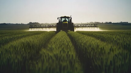 Naklejka premium Tractor Spraying Pesticide Across Lush Green Wheat Field