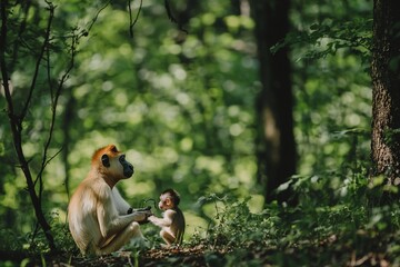 Adult and baby monkey in lush green forest.