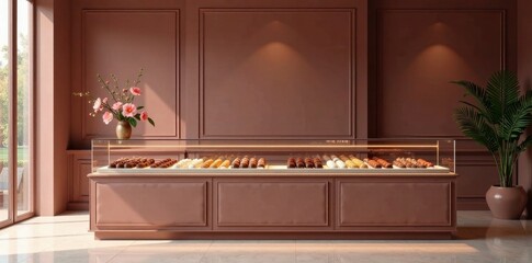 Elegant Confectionery Display in a Refined Interior Setting with Warm Lighting and Floral Accents