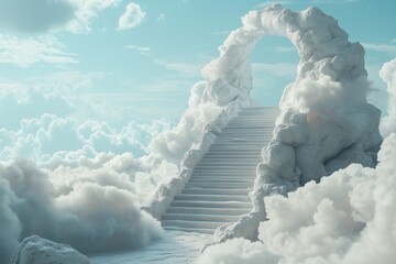 A mystical stairway leading into the clouds, symbolizing dreams and hope beyond the horizon.
