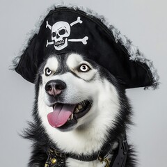 Happy husky dog wearing pirate hat.