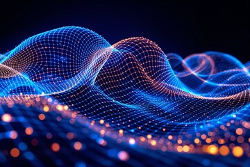 Abstract glowing blue and orange wave grid with particle lights on dark background, digital and futuristic theme, concept of data visualization. Ai generative