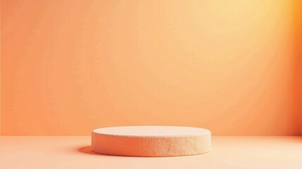 A simple, minimalist peach-colored cylindrical platform rests on a matching surface against a muted orange wall, providing a clean and elegant backdrop for product displays or artistic arrangements.