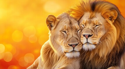 Fototapeta premium Two Lions Cuddling in Warm Sunset Glow