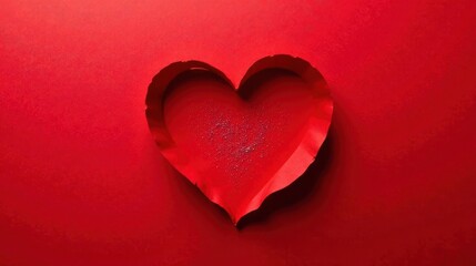 A crimson heart-shaped cutout on a vibrant red background, adorned with a scattering of sparkling silver dust, evokes feelings of love and affection.