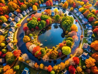 Aerial Double Exposure: Circular Neighborhood, Lush Trees, Serene Pond - Urban Nature Harmony