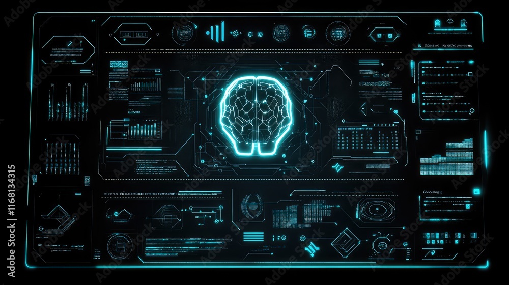 Poster abstract high-tech ai holographic interface with glowing data flow patterns and futuristic textures