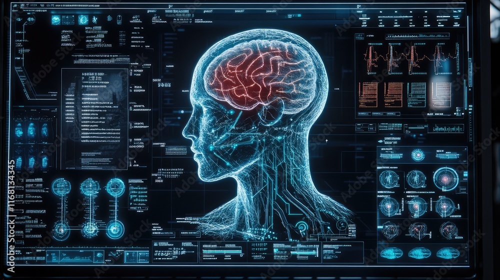 Poster abstract high-tech ai holographic interface with glowing data flow patterns and futuristic textures