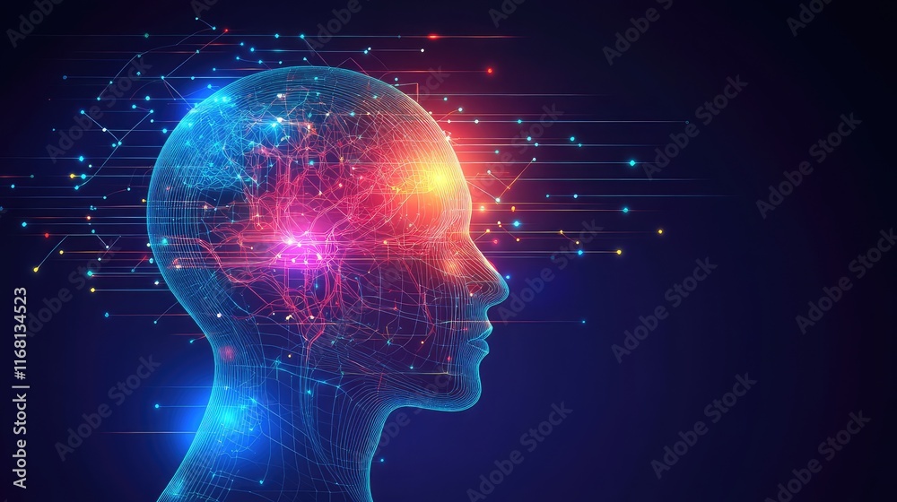 Poster abstract humanoid robot head with smooth, glowing neural circuits and metallic textures in a modern 