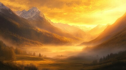 Obraz premium A radiant sunrise bathes misty peaks in golden light, with the serene valley below gradually emerging from the morning fog