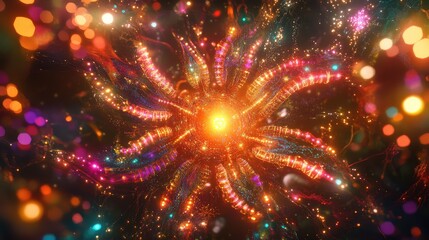 Abstract neural network design with AI-inspired dynamic light nodes, glowing connections, and dark futuristic tones