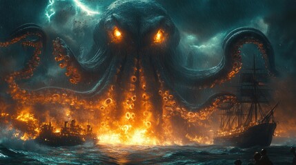 Massive sea creature rising from flames attacking ships in stormy sea