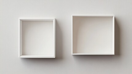 A realistic top-down view of an open white square gift box with its cap placed diagonally, showcasing the clean, empty interior.