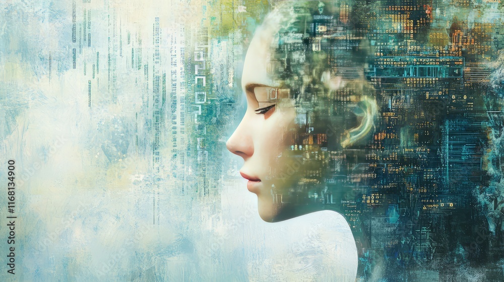 Poster abstract technology background with ai elements like binary codes, d grids, and a futuristic hologra