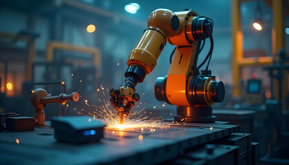 Illustration, Industrial robot arm, Welding machine working in factory Surrounded by lights and equipment, 3D model