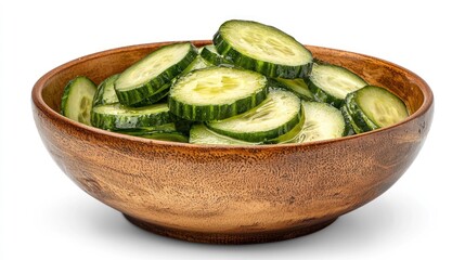 Sliced cucumbers in a wooden bowl fresh and healthy