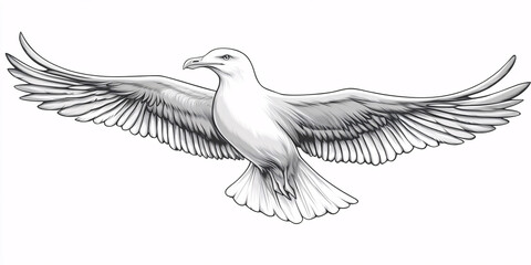 Obraz premium A detailed black and white illustration of a seagull in flight,