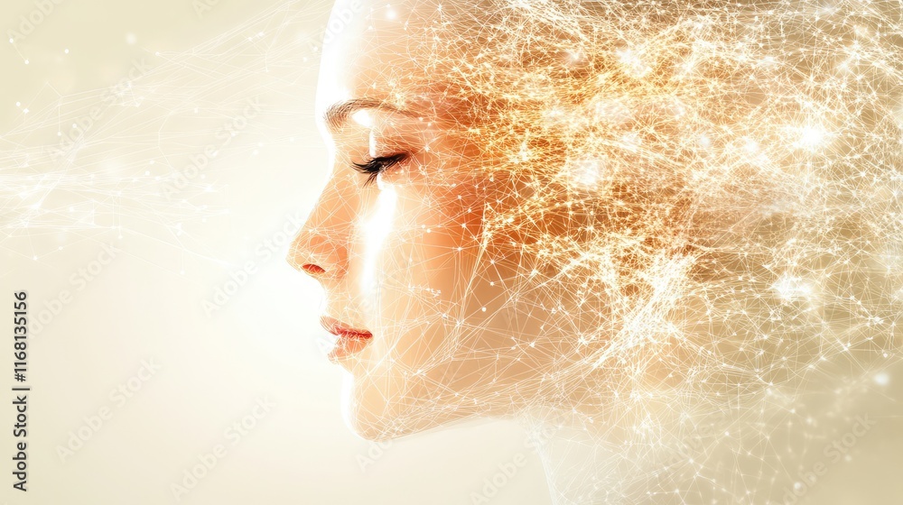 Poster an artistic rendering of a face formed from light, floating lines and geometric patterns, creating a