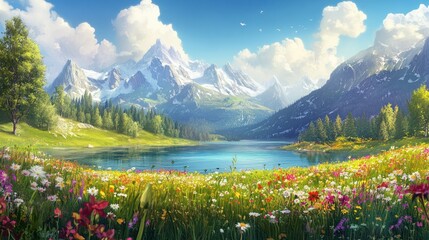 A scenic alpine panorama, a vast meadow of vibrant wildflowers, a serene lake reflecting the towering mountains in the background