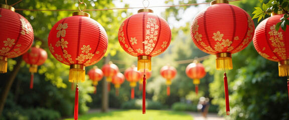 Vibrant red lanterns swaying in lush garden, celebrating Chinese New Year