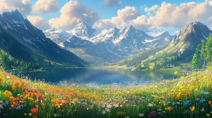 Obraz premium A scenic alpine panorama, a vast meadow of vibrant wildflowers, a serene lake reflecting the towering mountains in the background