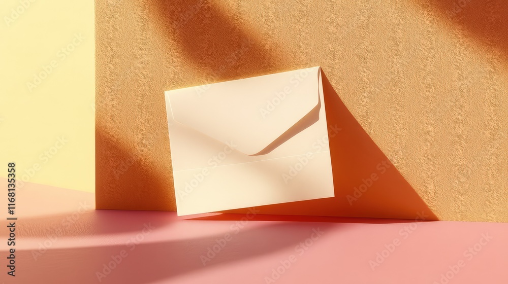 Poster a blank card leaning on a minimalist envelope set on a soft neutral gradient background with ample c