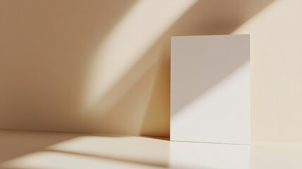 Fototapeta premium A blank card leaning against an envelope on a smooth beige surface, perfect for showcasing stationery designs