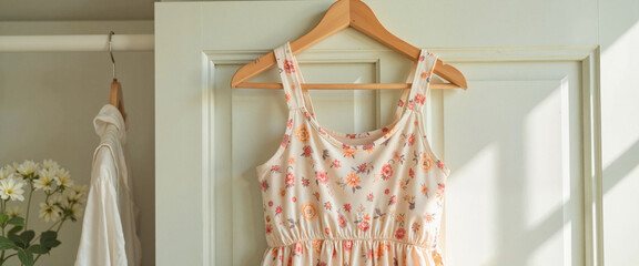Floral print sundress hanging on wardrobe door, spring elegance
