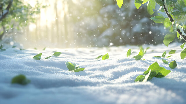 Forest in the beginning of spring with first green leaves fallen and the ground still covered with snow. Concept of spring coming, winter leaving and change.