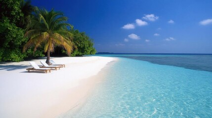 Fototapeta premium Tropical Beach Paradise Meets Crystal Blue Ocean, Vacation Relaxation Under Palm Trees with Exotic Holiday Theme