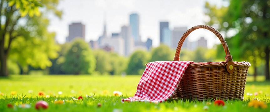 Picnic basket with red checkered cloth in sunny city park, Labor Day joy