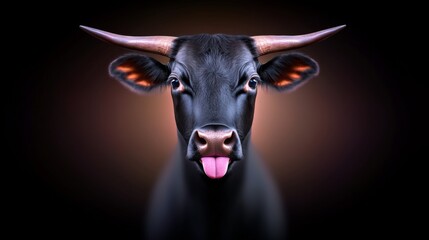 Close-up of black bull with tongue out, glowing horns, dramatic lighting, dark background, vivid colors, surreal illustration