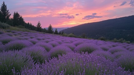 Fototapeta premium Lavender blooming event in scenic field nature photography serene pink sunset viewpoint