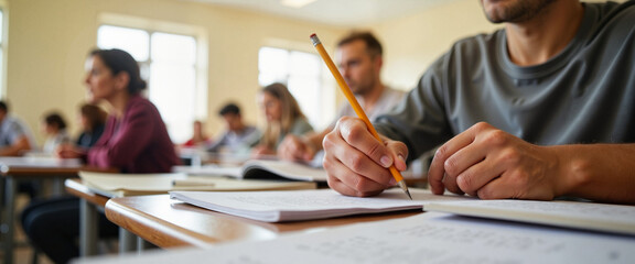 Thoughtful student holding pencil in exam hall, focused ambiance