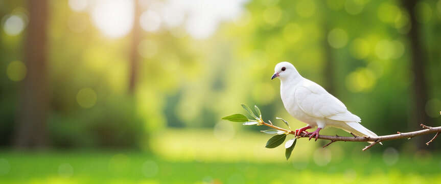 White dove perched on olive branch in serene park, symbolizing peace