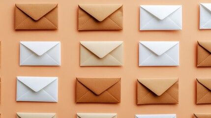 A flat lay of blank envelopes in pastel shades, arranged symmetrically on a neutral background with ample copy space