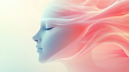 A minimalistic face profile made of flowing, soft lines, symbolizing softness and serenity, placed on a simple pastel gradient background