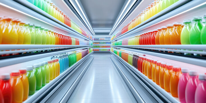 Colorful juice bottles in a supermarket beverage aisle product display indoor setting wide angle view shopping experience