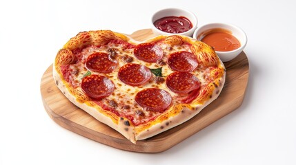 Heart-shaped pepperoni pizza with dipping sauces on a wooden board.