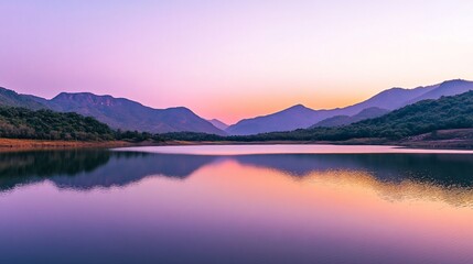 Obraz premium Serene lake reflecting sunset colors over tranquil mountains.