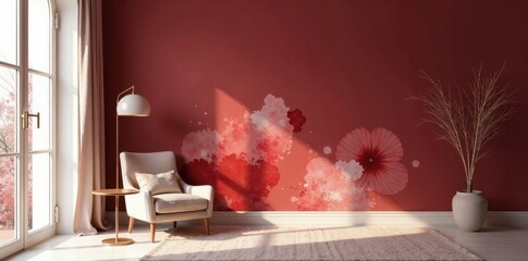 Serene Living Room with Red Floral Wall Decor and Sunlight