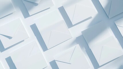 Fototapeta premium A minimalist flat lay of blank envelopes and cards arranged on a clean white surface, surrounded by soft shadows and ample copy space