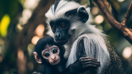 Obraz premium Close-up of a mother monkey gently holding her baby.