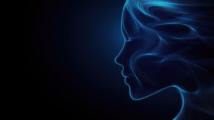 A silhouette of a face formed from glowing abstract lines, blending smoothly into the background, symbolizing calm and modernity, with plenty of copy space